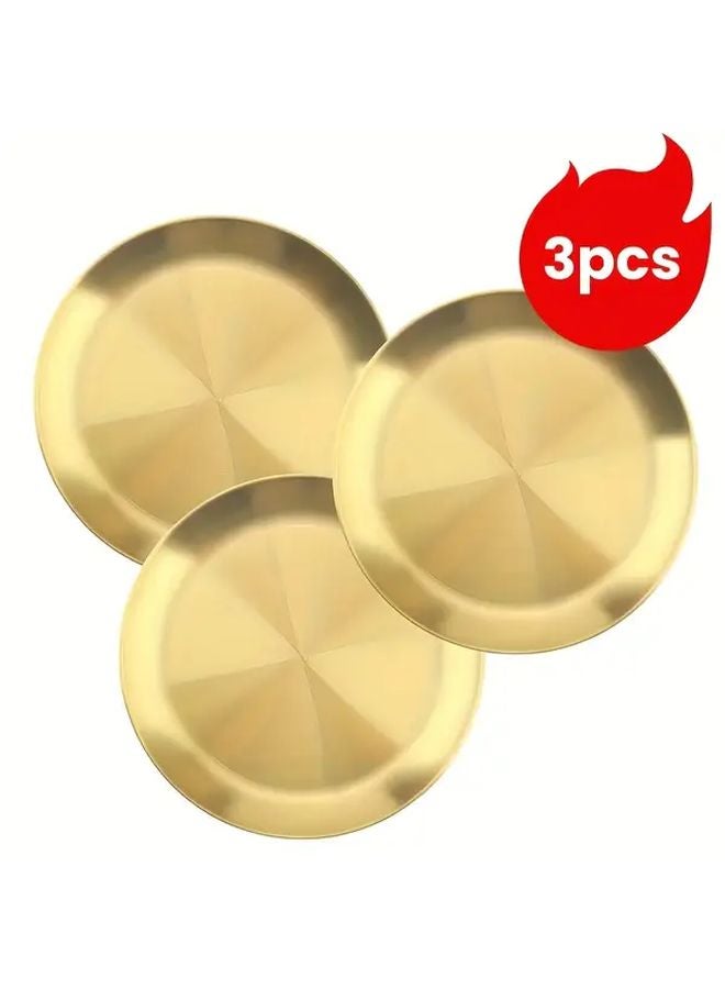 Golden Stainless Steel Dinner Plates Set Of 3 Round Metal Serving Dishes For Home Kitchen Outdoor Camping BBQ - Image 1